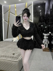 Sét nữ mùa giáng sinh áo lông tay dài cổ tim mix quần bí siu hách dáng chất liệu lông ngỗng mềm mại ấm áp thời trang mới