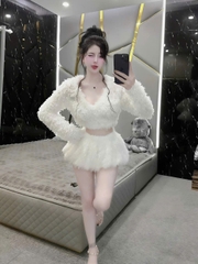Sét nữ mùa giáng sinh áo lông tay dài cổ tim mix quần bí siu hách dáng chất liệu lông ngỗng mềm mại ấm áp thời trang mới