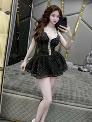 Đầm Yếm Tơ Chấm Bi Xếp Li Eo Dáng Xoè Dây Peplum Kèm Quần Bảo Hộ Chất Liệu Tơ Nến Mềm Mại Thoải Mái