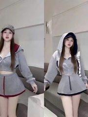 Sét bộ nĩ hoodie croptop phối viền kèm chân váy_dáng thể thao đi chơi dạo phố chất liệu da cá thoải mái và mát mẻ