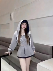 Sét bộ nĩ hoodie croptop phối viền kèm chân váy_dáng thể thao đi chơi dạo phố chất liệu da cá thoải mái và mát mẻ