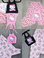 Sét nữ hotrend quần suông ống rộng hoạ tiết lụa áo lông in Hellokitty cổ yếm có mút và lót thời trang thoải mái