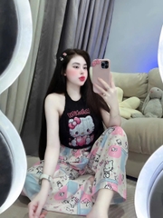 Sét nữ hotrend quần suông ống rộng hoạ tiết lụa áo lông in Hellokitty cổ yếm có mút và lót thời trang thoải mái