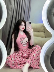 Sét nữ hotrend quần suông ống rộng hoạ tiết lụa áo lông in Hellokitty cổ yếm có mút và lót thời trang thoải mái