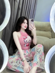 Sét nữ hotrend quần suông ống rộng hoạ tiết lụa áo lông in Hellokitty cổ yếm có mút và lót thời trang thoải mái