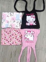 Sét nữ hotrend quần suông ống rộng hoạ tiết lụa áo lông in Hellokitty cổ yếm có mút và lót thời trang thoải mái