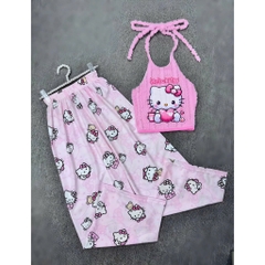 Sét nữ hotrend quần suông ống rộng hoạ tiết lụa áo lông in Hellokitty cổ yếm có mút và lót thời trang thoải mái