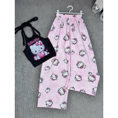 Sét nữ hotrend quần suông ống rộng hoạ tiết lụa áo lông in Hellokitty cổ yếm có mút và lót thời trang thoải mái