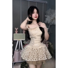 Đầm ren họa tiết hoa nhí, váy trễ vai tiểu thư công chúa đi chơi, đi tiệc