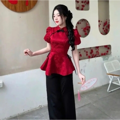 Set áo gấm hoa thêu kèm quần lụa, áo dài Tết sang chảnh