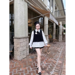 Sét đồ nữ thu đông 3 món áo sơ mi bèo lai kèm áo gile đính hoa trà mix quần short thời trang nữ