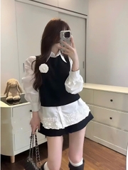 Sét đồ nữ thu đông 3 món áo sơ mi bèo lai kèm áo gile đính hoa trà mix quần short thời trang nữ