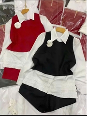 Sét đồ nữ thu đông 3 món áo sơ mi bèo lai kèm áo gile đính hoa trà mix quần short thời trang nữ