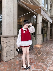 Sét đồ nữ thu đông 3 món áo sơ mi bèo lai kèm áo gile đính hoa trà mix quần short thời trang nữ
