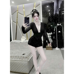 Sét váy kim sa ôm body áo ren tay dài cổ chữ V