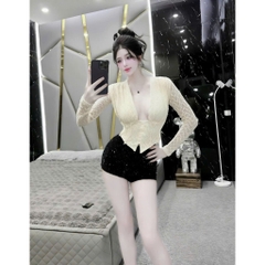 Sét váy kim sa ôm body áo ren tay dài cổ chữ V