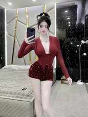 Sét váy kim sa ôm body áo ren tay dài cổ chữ V