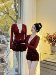 Sét váy kim sa ôm body áo ren tay dài cổ chữ V