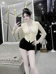 Sét váy kim sa ôm body áo ren tay dài cổ chữ V