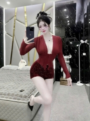Sét váy kim sa ôm body áo ren tay dài cổ chữ V