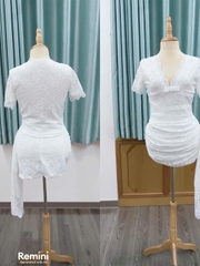 Sét bộ ren nữ thiết kế áo cổ chữ V đính nơ tay ngắn chân váy ôm body tà bèo chất liệu ren hoạ tiết hoa co giãn thoải mái