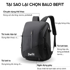 Balo Thể Thao BEFIT Chính Hãng Đa Năng Sử Dụng Cầu Lông, Pickleball, Bóng Đá Balo Chống Thấm Nước Chống Mài Mòn BLB01