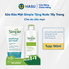 Sữa Rửa Mặt Simple 150ml Làm Sạch Dịu Nhẹ Cho Da Dầu Mụn (TẶNG KÈM Nước tẩy trang 200ml)