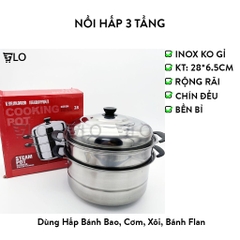 Nồi Hấp Bánh Bao, Cơm, Xôi, Bánh Flan Inox 3 Tầng Dùng Được Bếp Từ