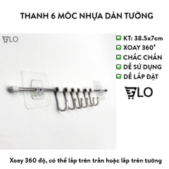Thanh 6 Móc Nhựa Dán Tường 38.5x7cm Xoay 360 Độ – Tiện Lợi Mọi Không Gian, Đáp Ứng Mọi Nhu Cầu