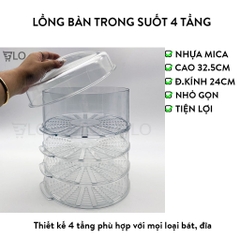 Lồng Bàn Trong Suốt 4 Tầng Đậy Thức Ăn Giữ Nhiệt, Chống Bụi, Chất Liệu Nhựa Mica