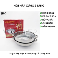 Nồi Hấp Xửng 2 Tầng Inox Mặt Kính Cao Cấp 28cm