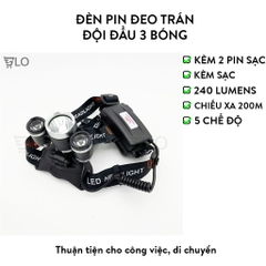 Đèn Pin Đeo Trán Đội Đầu 3 Bóng + 2 Pin Sạc + 1 Cục Sạc