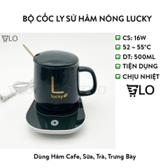 [Hỏa Tốc HCM] Bộ Cốc Ly Sứ Hâm Nóng Lucky Thông Minh Cao Cấp, Kèm Đế Điện Hâm Cafe, Sữa, Trà Tặng Kèm Thìa Mạ Vàng