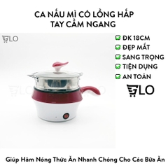 Ca Nấu Mì Có Lồng Hấp - Tay Cầm Ngang, Nấu Nước, Luộc Trứng Đa Năng Size 18cm