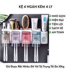 Kệ 4 Ngăn Kèm 4 Ly Đựng Kem Đánh Răng, Bản Chải, Kèm Bộ Nhả Kem Đánh Răng