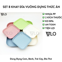 Set 8 Khay Đĩa Vuông Đựng Thức Ăn Màu Pastel Gồm 2 Cỡ Chất Liệu Nhựa Lúa Mạch Nhựa PP Thực Phẩm