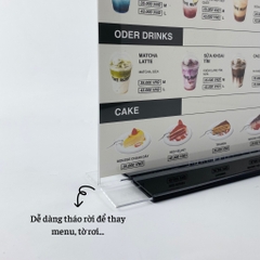 Kệ mica 2 mặt Enter E10-U 100x150mm đế lùa uốn bằng, Kệ menu nhà hàng, Standee mica để bàn, Bảng quét mã QR Code
