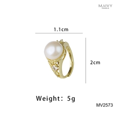 MV2573 - Nhẫn bạc 925 mạ vàng 18k nhấn viên ngọc trai ngọt sz 10mm freesize