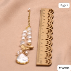 MV2494 - Lắc tay ngọc trai trắng mix charm hoa lan bằng bạc 925 mạ vàng 18k