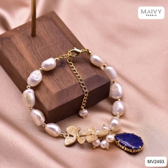 MV2493- Lắc tay ngọc trai trắng mix charm hoa lan bạc 925 mạ vàng 18k và đá tím