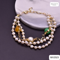 MV2523 - Lắc tay ngọc trai trắng 3 sợi mix đá tự nhiên 4 màu phong thủy