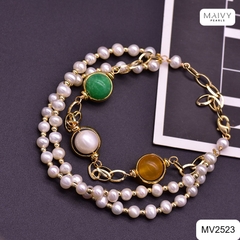MV2523 - Lắc tay ngọc trai trắng 3 sợi mix đá tự nhiên 4 màu phong thủy