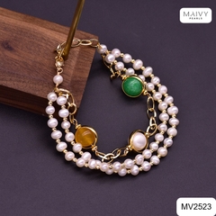 MV2523 - Lắc tay ngọc trai trắng 3 sợi mix đá tự nhiên 4 màu phong thủy
