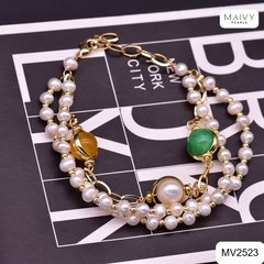 MV2523 - Lắc tay ngọc trai trắng 3 sợi mix đá tự nhiên 4 màu phong thủy