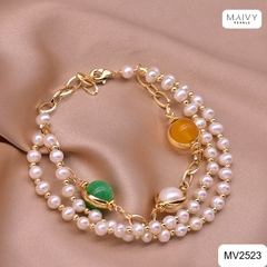 MV2523 - Lắc tay ngọc trai trắng 3 sợi mix đá tự nhiên 4 màu phong thủy