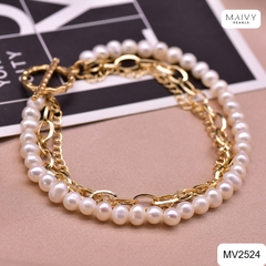 MV2524 - Lắc tay ngọc trai 3 sợi gồm 2 sợi ngọc trai trắng mix sợi phụ kiện bạc 925 mạ vàng 18k