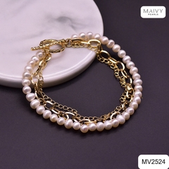 MV2524 - Lắc tay ngọc trai 3 sợi gồm 2 sợi ngọc trai trắng mix sợi phụ kiện bạc 925 mạ vàng 18k