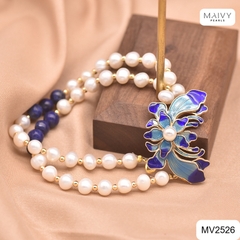 MV2526 - Lắc tay đôi ngọc trai trắng nhấn đá xanh mặt charm hoa sen
