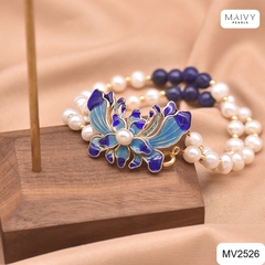 MV2526 - Lắc tay đôi ngọc trai trắng nhấn đá xanh mặt charm hoa sen