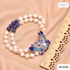 MV2526 - Lắc tay đôi ngọc trai trắng nhấn đá xanh mặt charm hoa sen